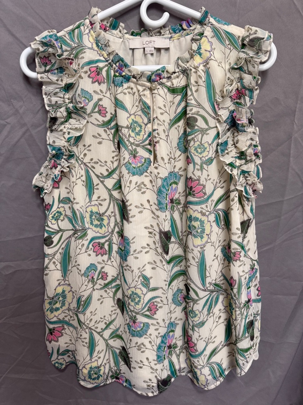 LOFT Olive Green Floral Smocked Neck Blouse